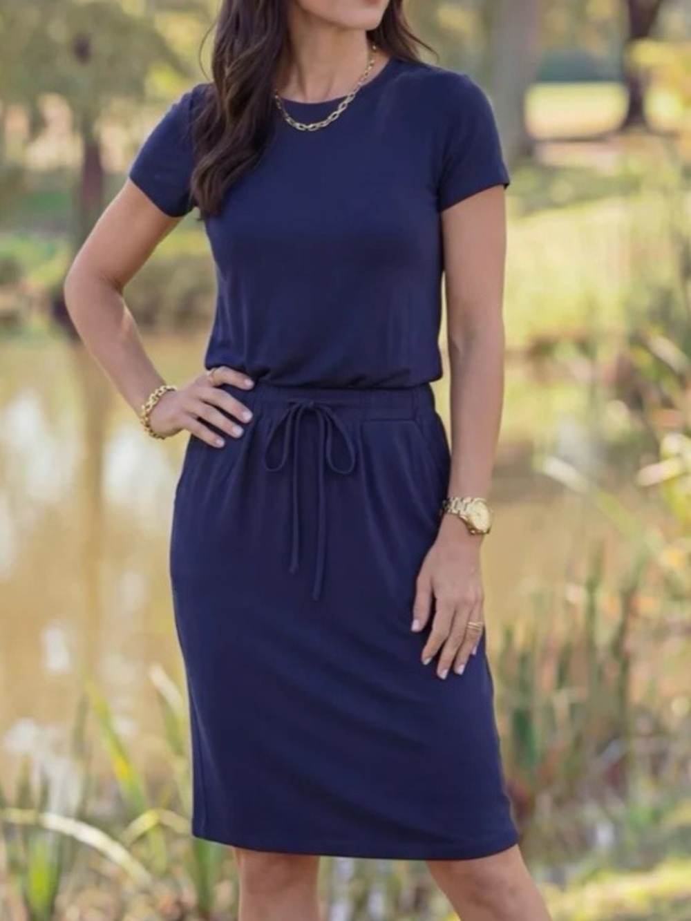 Brigitte Brianna Baseball Tee Dress Casual Navy Drawstring Waist Midi Dress